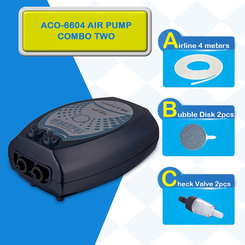 Brand HAILEA ACO-6604 Silent Aquarium Air Pump Oxygen Pond Aerator Water Fish Tank 4W 2x4.5L/Min Authorized Dealer: ACO-6604 COMBO TWO / AU Plug Adapter