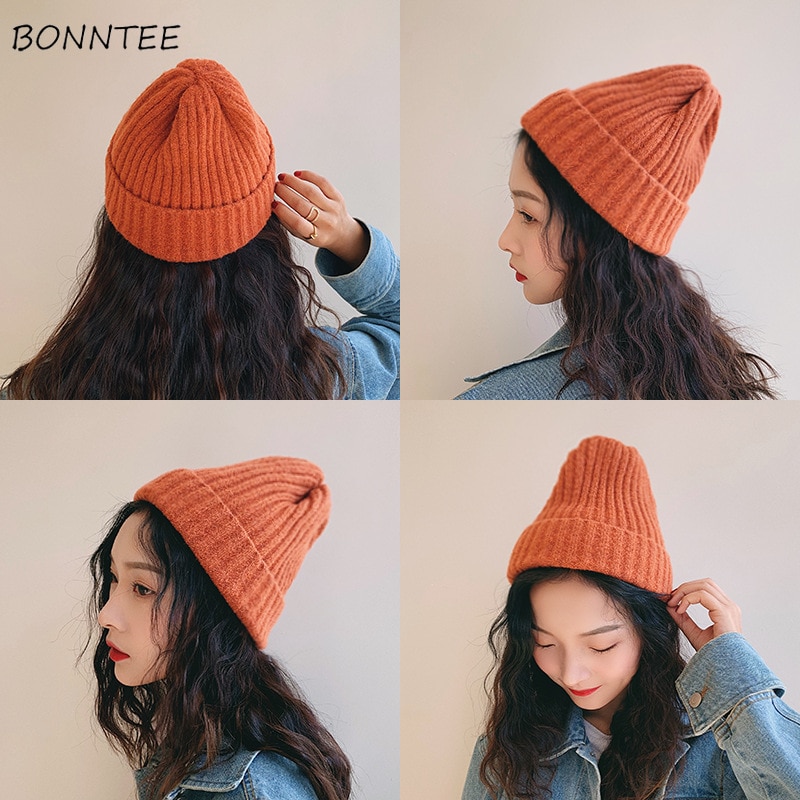 Huer kvinder solid strikket afslappet varm skullies koreansk stil studenterhuer smarte dame dejlige kasketter efterår vinter