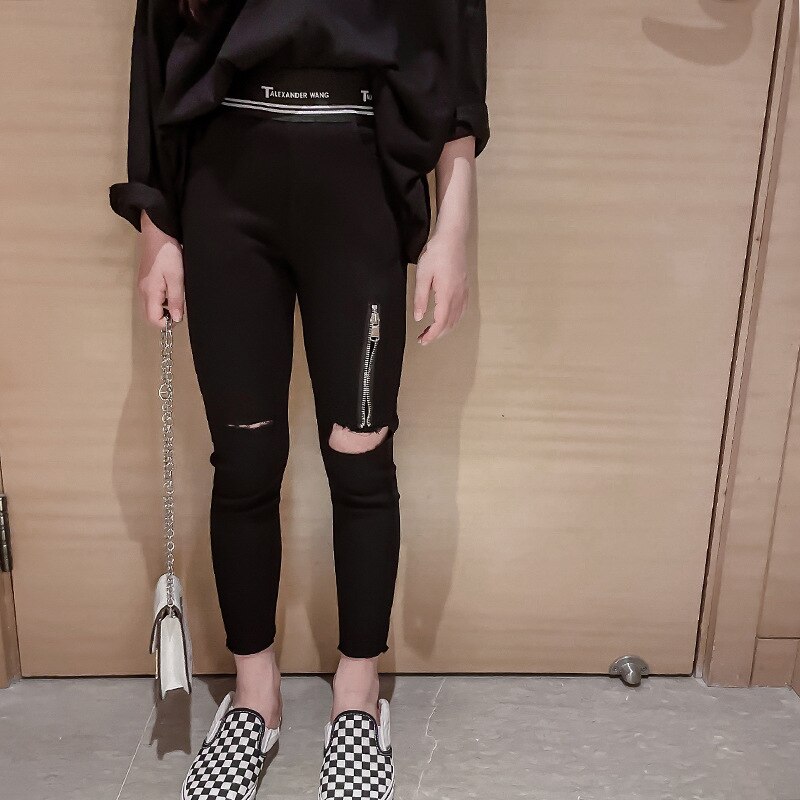Leggings con cremallera para niña adolescente, pantalones de piel con agujeros, ropa para Niño, 6, 8, 10, 12 y 14 años, novedad de Primavera de 2022: 140