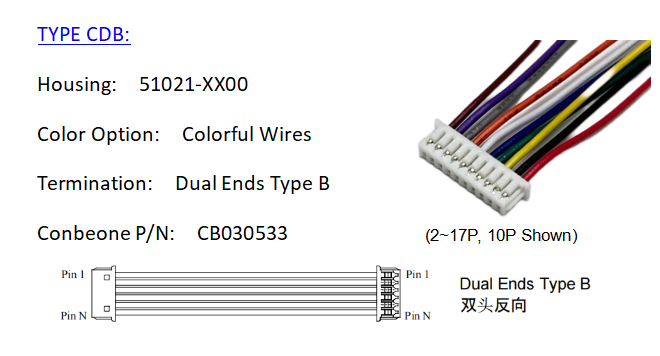 510211500 kabels, molex pico blade serie 1.25mm pitch , 51021-1500, 15p kabels, standaard verkrijgbaar: Zwart / 1.8m