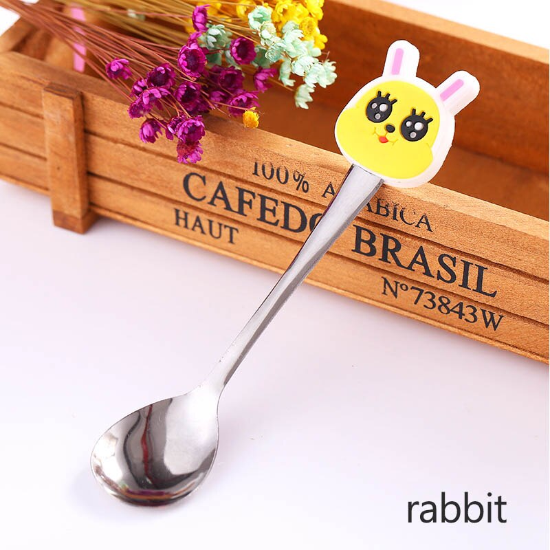 Cuchara infantil de dibujos animados portátil de acero inoxidable, cucharas de café, té, accesorios para cubiertos de bebé, accesorios de cocina, 2 uds.: rabbit
