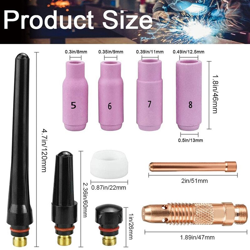 16 Uds accesorios de antorcha de soldadura TIG de copa Collet junta, consumibles, Kit de soldadura TIG antorcha suministros para WP-17/18/26