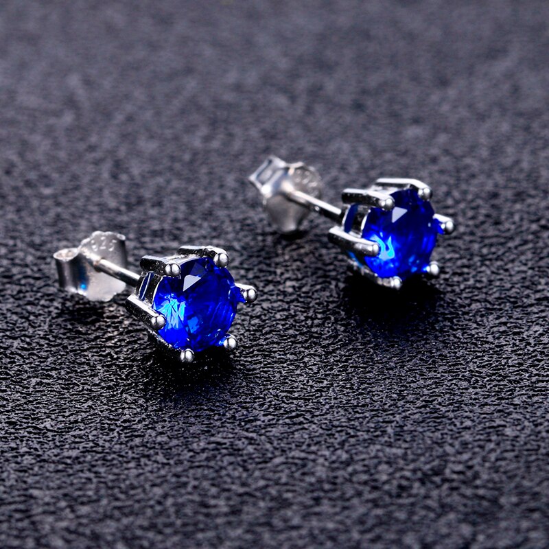 Female Ear Studs 925 Sterling Silver Fine Jewelry Round AAAAA Royal Blue Zircon Wedding Engaging Party