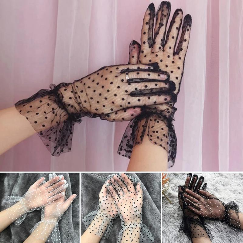 Guanti da donna in pizzo macchiare Tulle elasticizzati eleganti corti sottili a maglie sottili scaldamuscoli per ragazze da festa di nozze