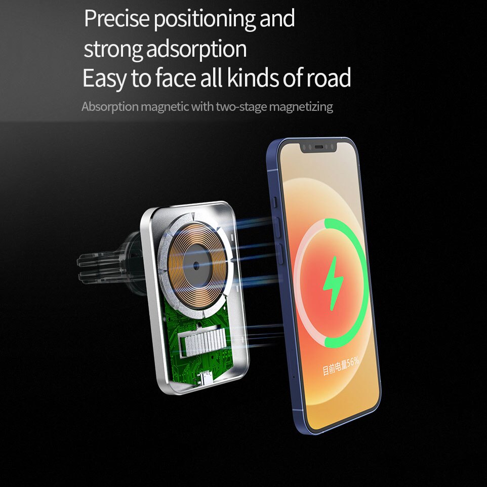 15W Draadloze Auto Magnetische Veilige Oplader Airvent Mount Magneet Adsorbeerbare Telefoon Aluminium Auto Houder Voor Iphone 12 Pro Max 12 Mini