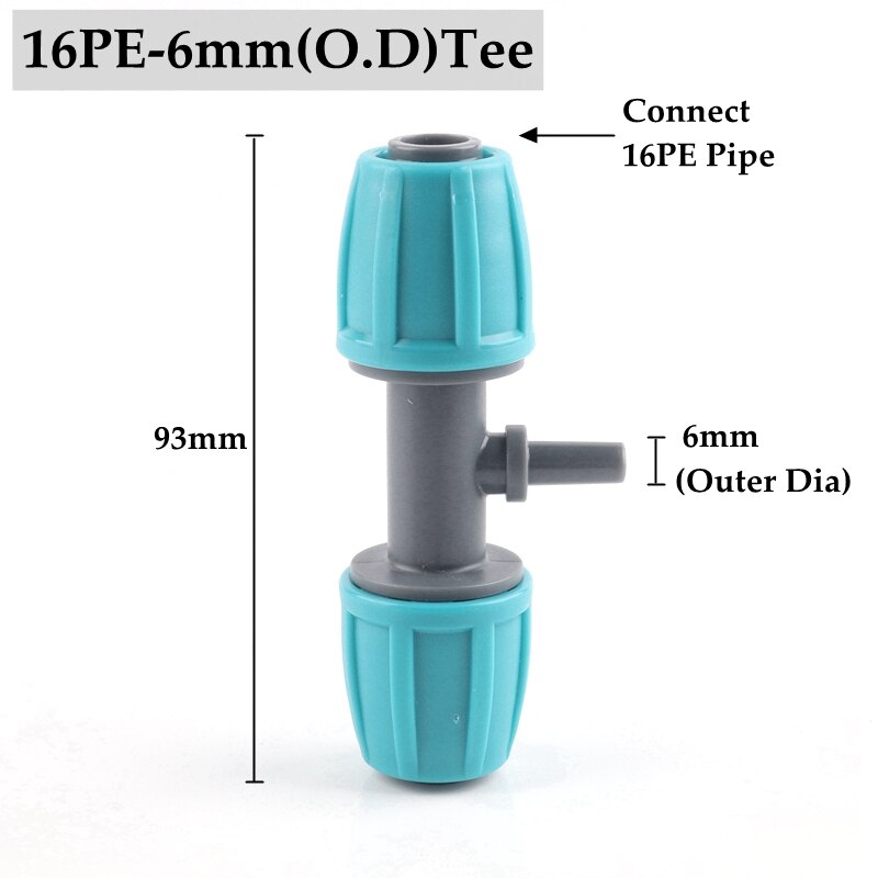 Connecteurs de tuyaux en PE 16mm, 3 pièces/lot, Joints de tuyaux, écrous de verrouillage, pour le jardin, l'arrosage et l'irrigation agricole: 16PE-6mm(O.D)Tee