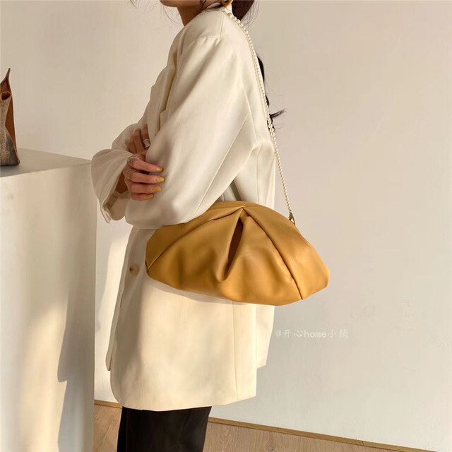 PU Leather Shoulder Messenger Bags For Women Ins Ladies Crossbody Bag Travel pearl Chain Handbags and Purses: yellow