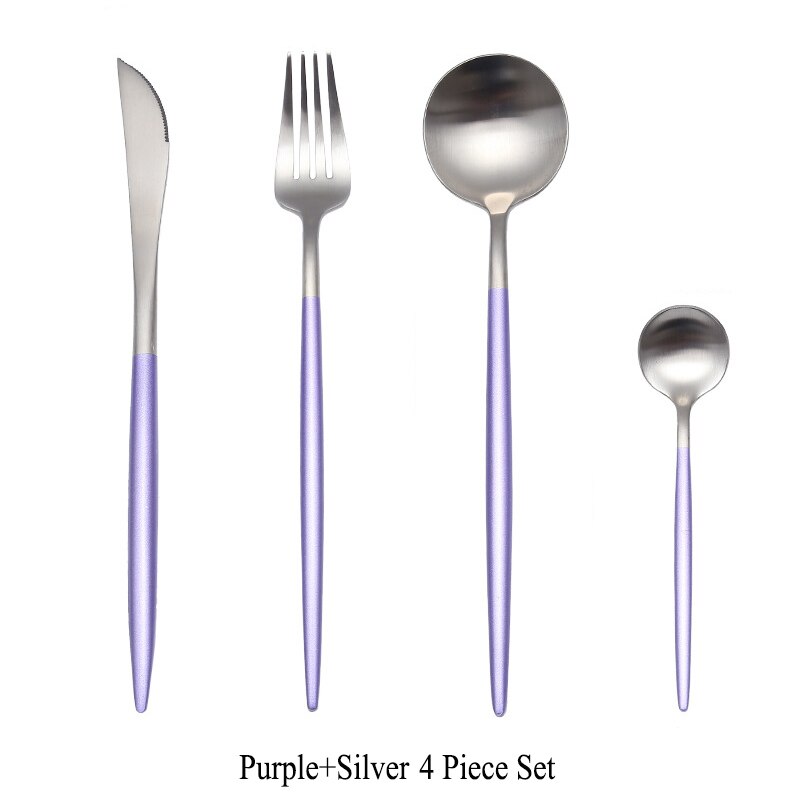 304 roestvrijstalen gouden besteksets, dinervork, mes, lepel, eetstokjes, serviesset, zilverwerk, servies: Paars zilver