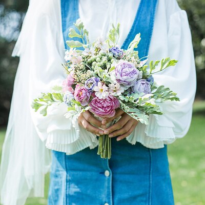 JaneVini Seide Brautjungfer Bouquets Künstliche Pfingstrose Rose Trouw Boeket Kleine Größe Braut Hochzeit Bouquet Griff Braut Blumen: Pink Purple Peony