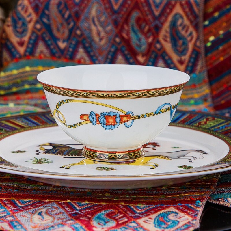 Ceramic Flatware Tableware Set Rice Pasta Bowl Plate Fish Dish Soup Pot Spoon Bone China War Horse Kitchen Utensil Wedding