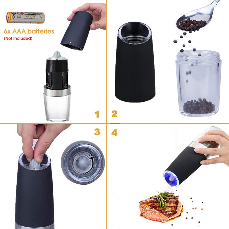 Elektrisk salt- og pepperkvern i rustfritt stål pepper- og saltkvern med blått ledet-lys, perfekt til forskjellig tilberedt matte