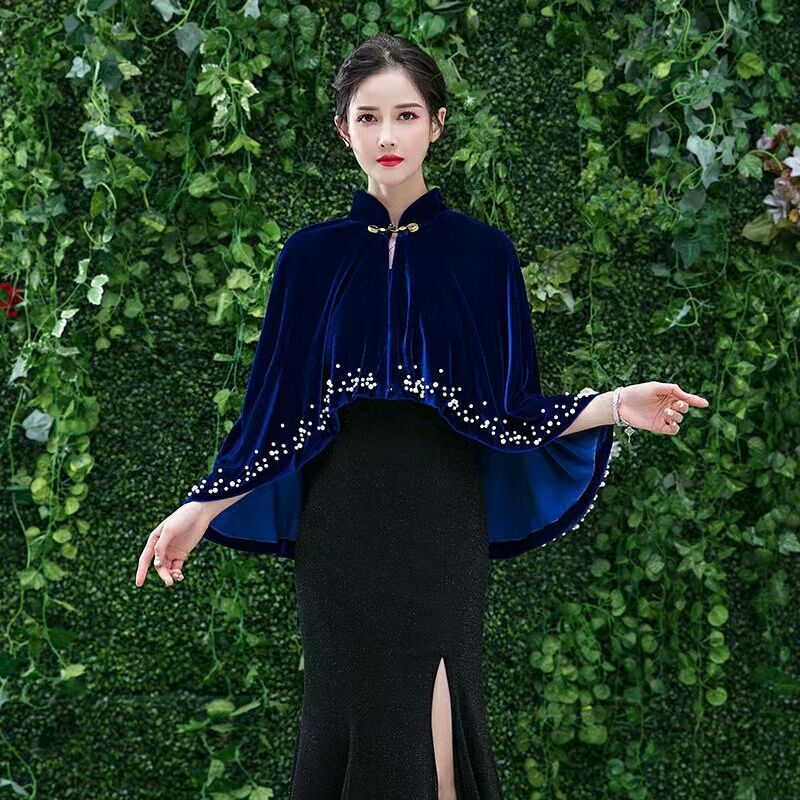 Capa de terciopelo para vestido de madre, chal negro para boda, con perlas: Azul