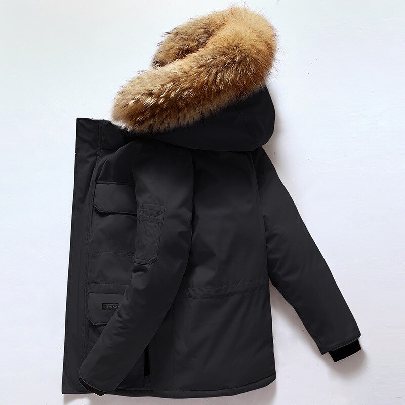 Veste d'hiver parka à capuche en fourrure de canard blanche pour hommes, 20 degrés, manteau de fourrure épaisse et chaude pour hommes, coupe-vent avec grandes poches