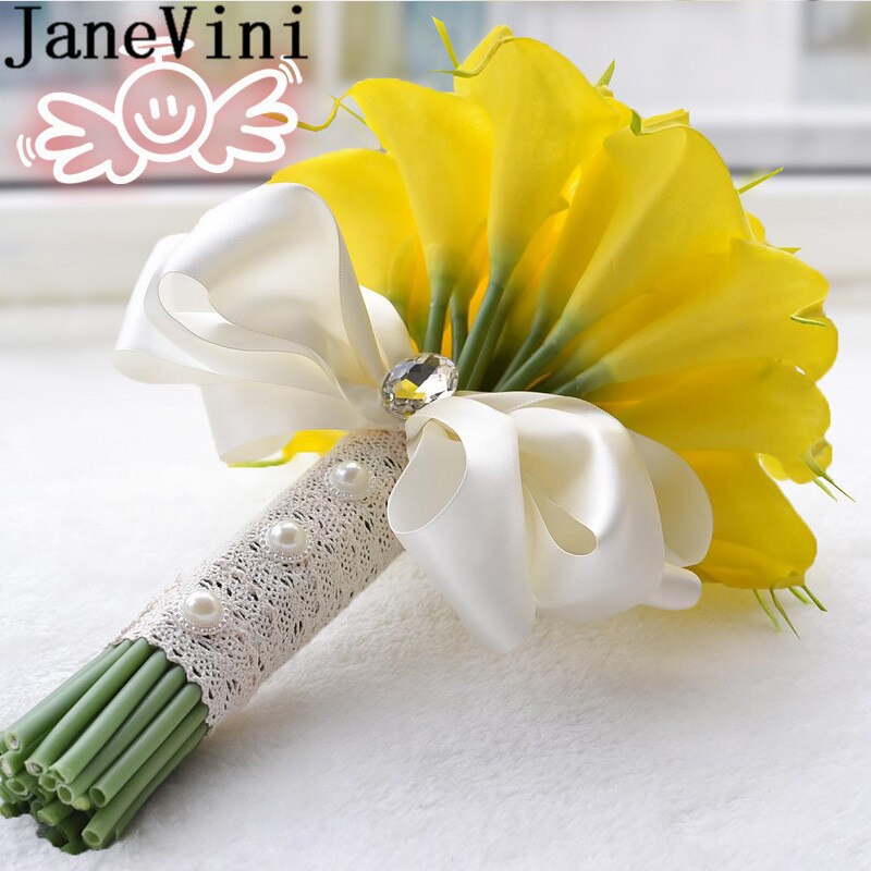 JaneVini Boho blanc Calla lys mariée Bouquet artificiel jaune soie demoiselle d'honneur Bouquets dentelle mariage mariée fleur Ramo Flores