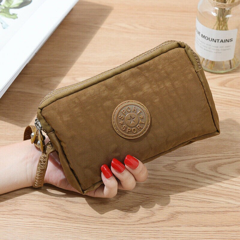 Womens Mini Phone Bag Short Wallet Three-Layer Zipper Purse Coin Purse: Khaki