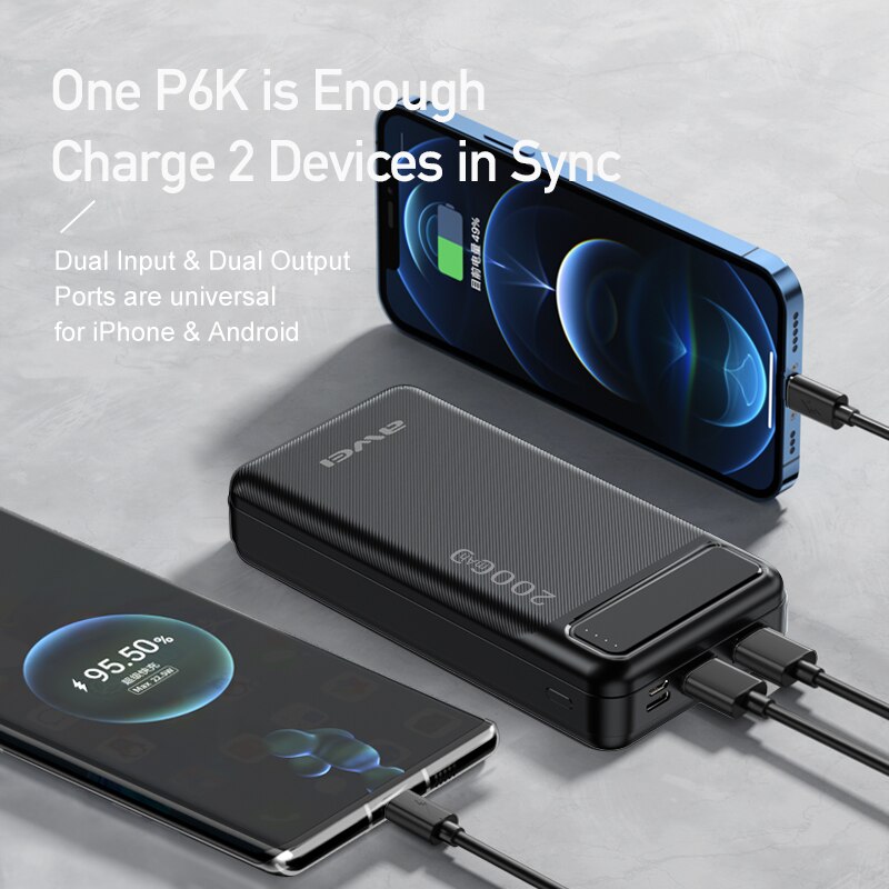 Awei P6K 20000Mah Draagbare Power Bank Dual Type A Usb A En Type C Micro Dual Input Snelle Lading voor Werk Reizen Voor Mobiele Telefoon