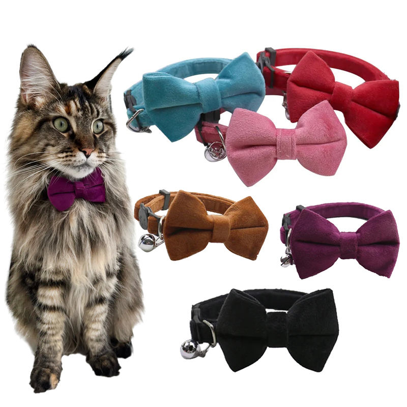 Samt-schleifen-katzenhalsband mit verstellbarem sicherheitsverschluss, einfarbiges katzenhalsband mit glöckchen, haustierzubehör