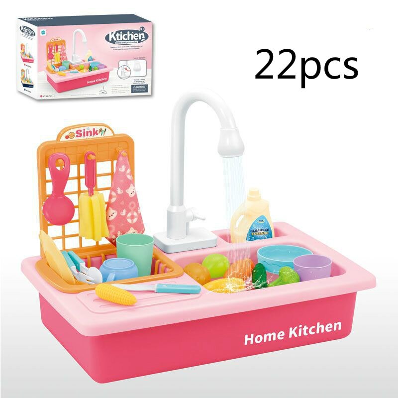 Pretend Play Kitchen Toys with Electric Water Wash Basin Kit for Children Kids Plastic Simulation Electric Dishwasher Sink: 22pcs Red