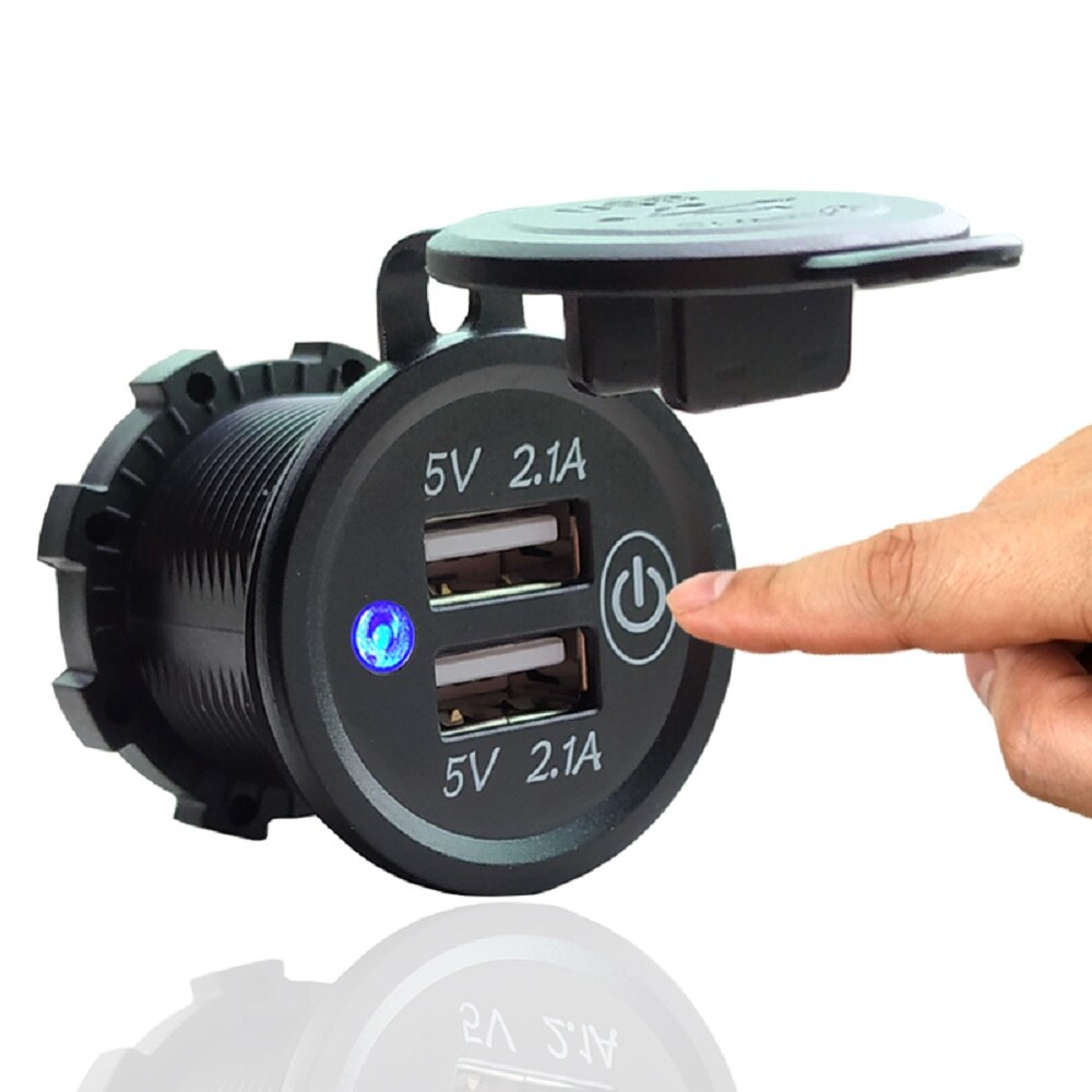12v-24v auto dubbele usb-lader voor motorfiets atv auto vrachtwagen boot blauwe led-lamp socket mount lader stroomadapter stekker 5v 2.1a