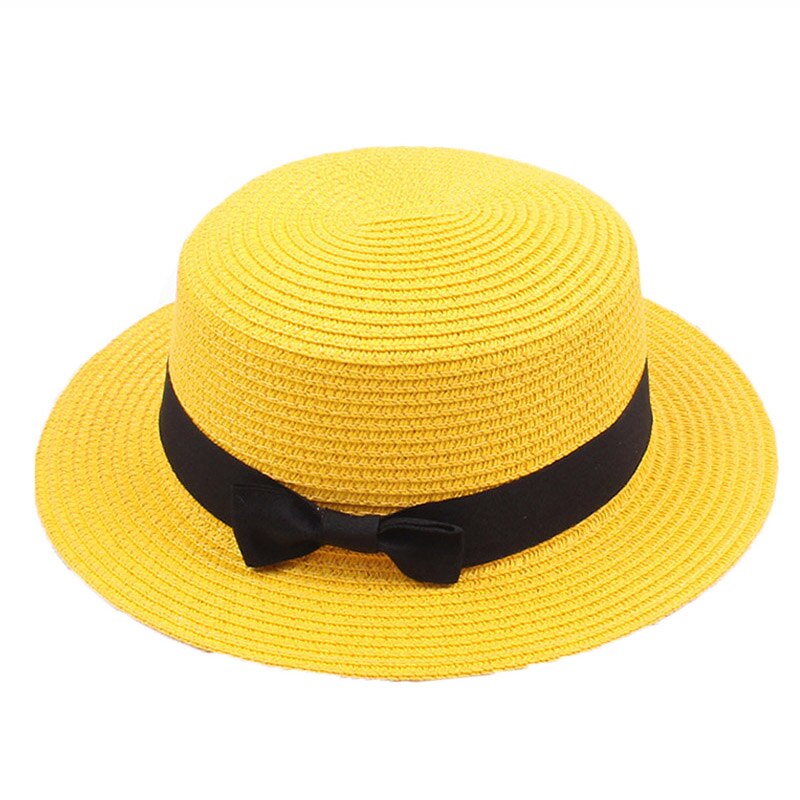 Zomer Vrouwen Hoed Strand Strooien Hoed Panama Dames Cap Modieuze Handgemaakte Toevallige Platte Rand Strik Zon Hoeden Voor Vrouwen: Yellow