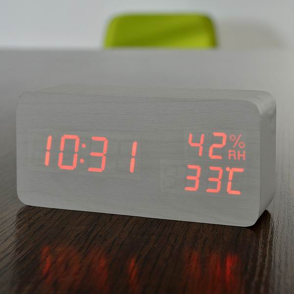 FiBiSonic Holz holz LED Wecker, Despertador Temperatur Feuchtigkeit Elektronische Schreibtisch Digitale Tabelle Uhren: Weiß rot