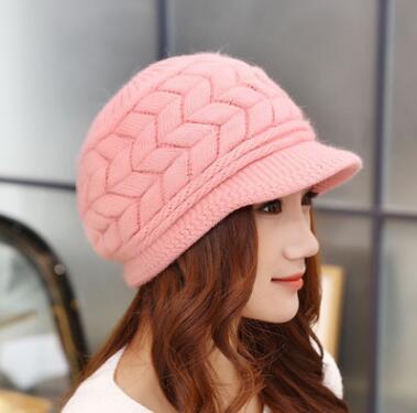 Dame vinter varm strikk lue ull snø ski caps med visir: Rosa