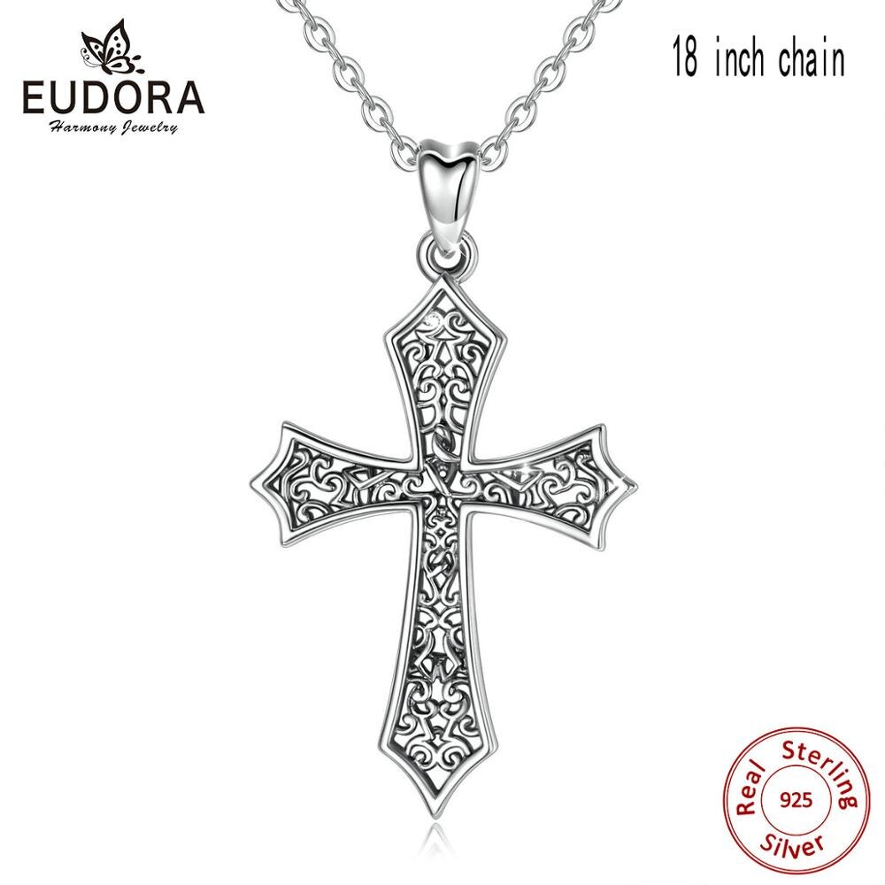 EUDORA Unique 925 Sterling Silver Celtics Knot Cross Pendant Necklace Women Man Jewelry Cross Cheilteach Collier D440: 18 inch chain