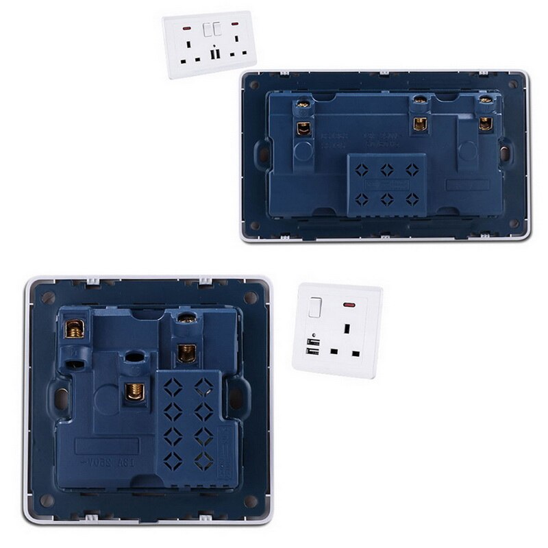 Double Wall UK Plug Socket 2 Gang 13A With 2 USB Charger Port Outlet Plate For Home Office