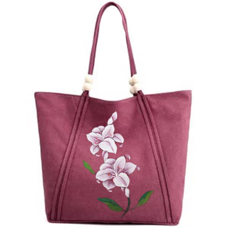 Handmålad väska national canvas axelväska retro dam träpärlor väska blommålning åkpåse bolso mujer: Röd