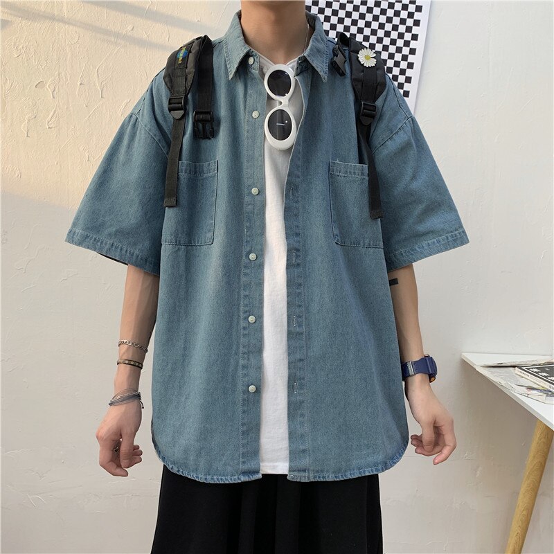 2021Mens Summer Denim Shirts Thin Short Sleeve Soft Cotton Shirt Men Pockets Slim Slight Elastic Jeans Cowboy Shirt: LightBlue / XL