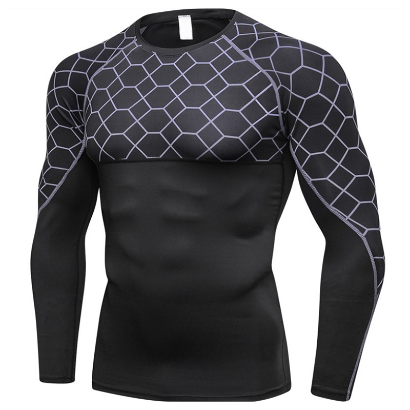 Mannen sneldrogende Strakke Ademend Gedrukt Sport Shirt met Lange Mouw Ronde Hals KH889