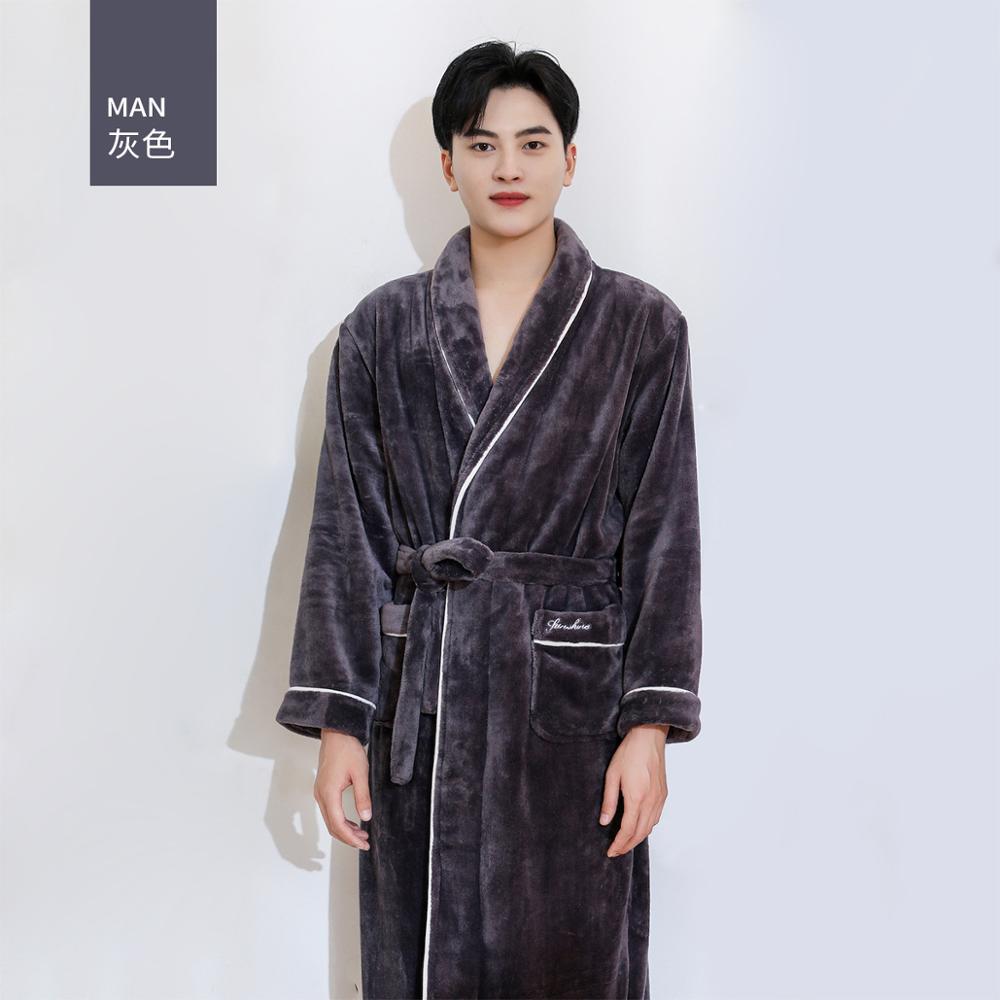 Winter mens Robes Sleepwear Thick Warm Flannel Kimono Bathrobe for men Solid Long Sleeve Coral Velvet Nightwear Homewear: Gray / M 50-65kg