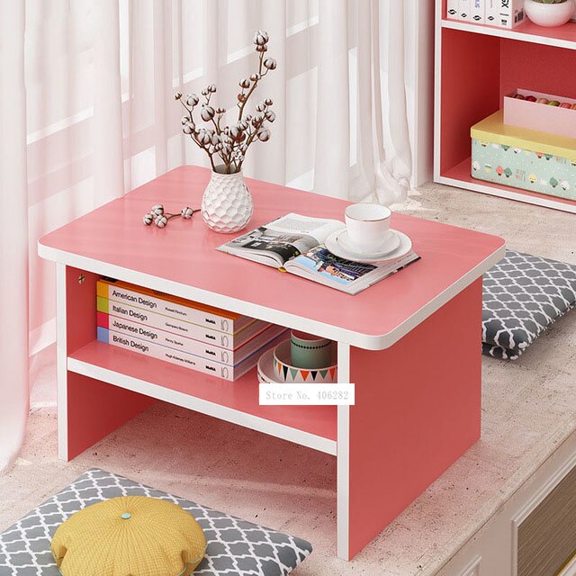 Simple Small Tea Table Japanese Style Modern 2 Layer Floating Window Coffee Table Rectangle Living Room Floor Low Table: pink