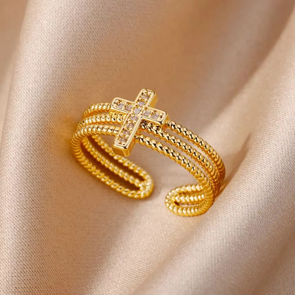 Anillos geométricos de circón de lujo para mujer, anillo abierto de acero inoxidable de Color dorado, joyería estética para de boda a la , para mujer: Plata