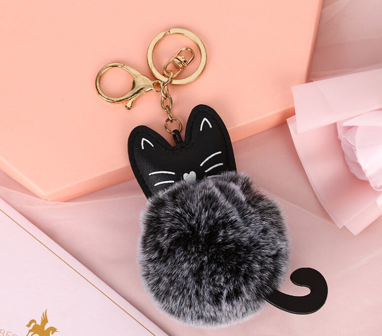 LLavero de gato colgante de 8cm, adorno de bola de gato enchufado para bolsa y mochila: Black