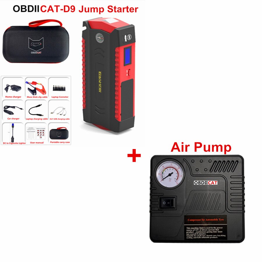 OBDIICAT-D9 Car Jump Starter Power Bank 12V 600A Auto Jump Starter Emergency Power Car Charger for Petrol and Diesel Cars: D9 and Air pump