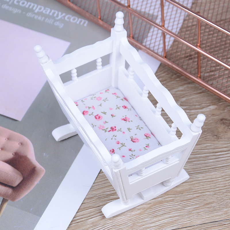 Mini White Wooden Furniture Crib For Baby Cradle Children Room Doll House 1:12 Miniature