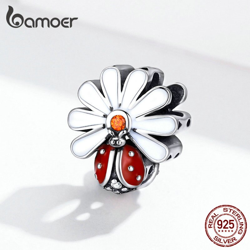 Bamoer Coccinella con il Fiore della Margherita Perline per le Donne 925 sterlina d'argento Fascino Dello Smalto misura Fascino Originale Braccialetto di Gioielli FAI DA TE SCC1276