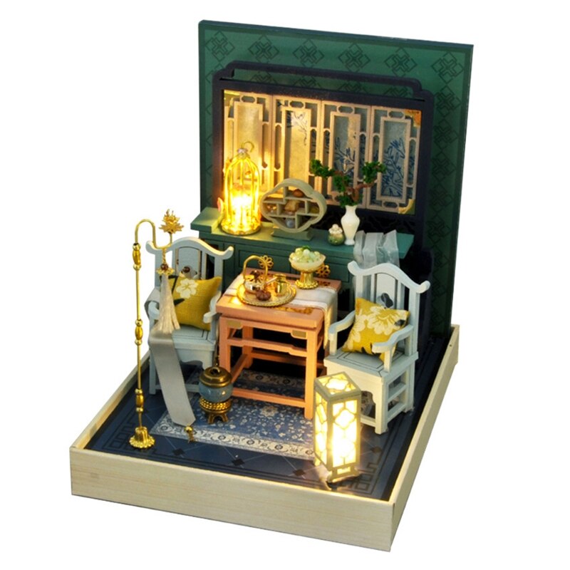 Dockhus miniatyr med möbler, diy hus kit plus dammtät  , 1:24 liten hus byggnad kit ， (kinesiska antika）