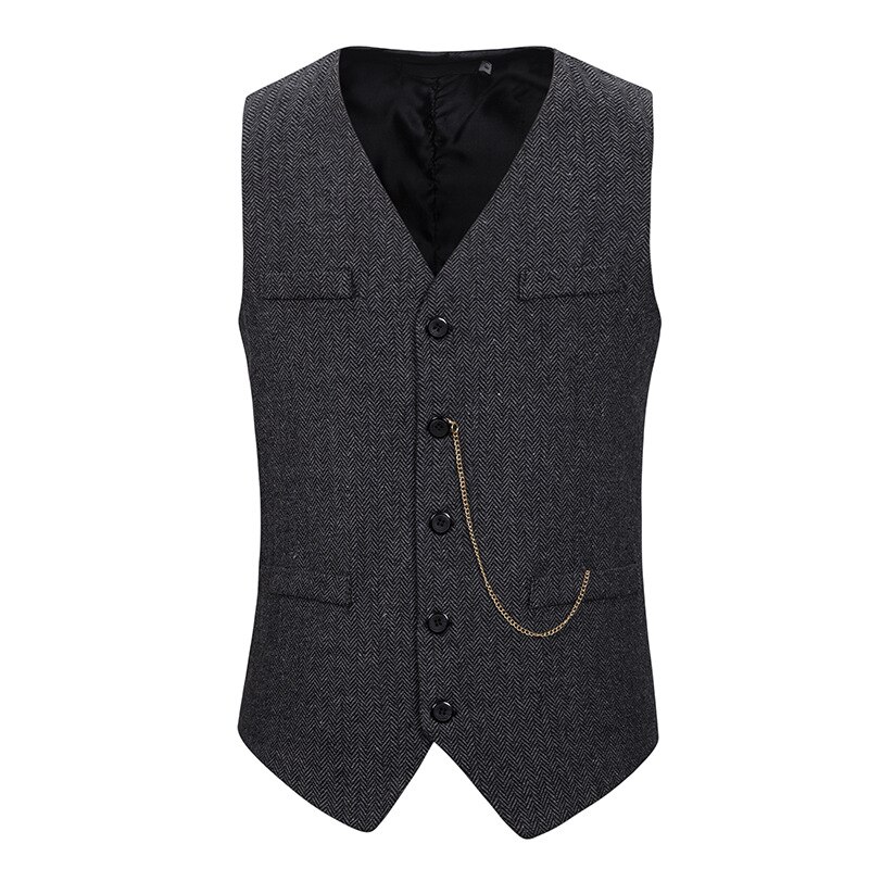Gray Herringbone Tweed Dress Vest Men Brand Slim Fit Single Breasted Vest Waistcoat Men Business Wedding Vests Gilet Homme
