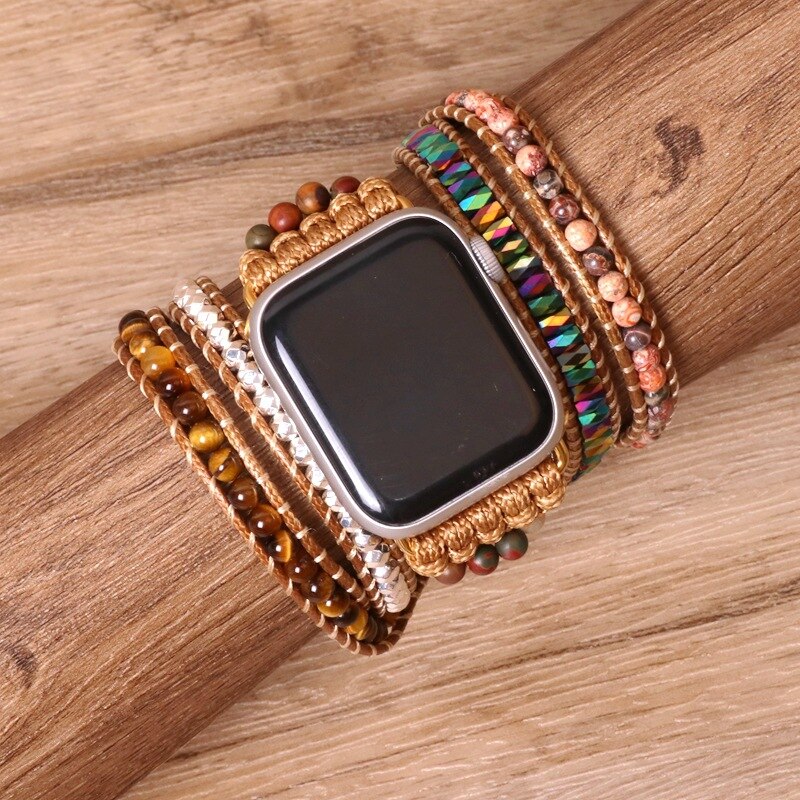 Oaiite 5 Lagen Gewikkeld Armband Horloge Band Voor Apple Nautral Tijgeroog Zilver Kleur Kralen Armbanden Boho Geweven Pols Sieraden
