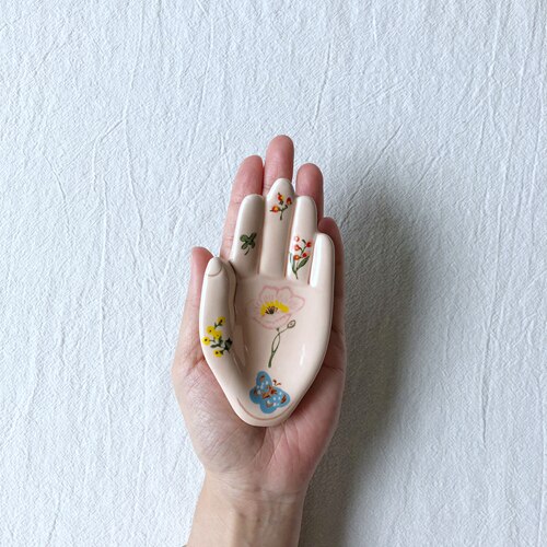 Decorative Hand Shape Plate Handpainted Ceramic Mini Trinket Tray Vanity Jewelry Storage Display Ring Dish Unique