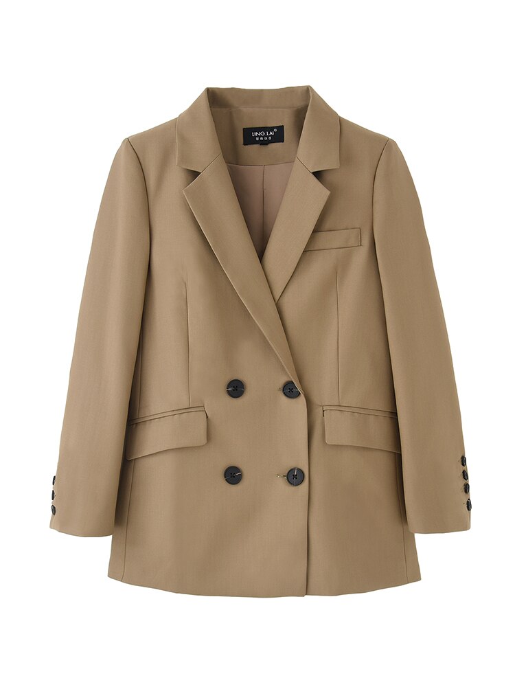 Khaki naisten housupuvut kaksirivinen bleiseri takki & korkeavyötäröinen housut vintage 2 kpl setti ol tyylinen työpuku
