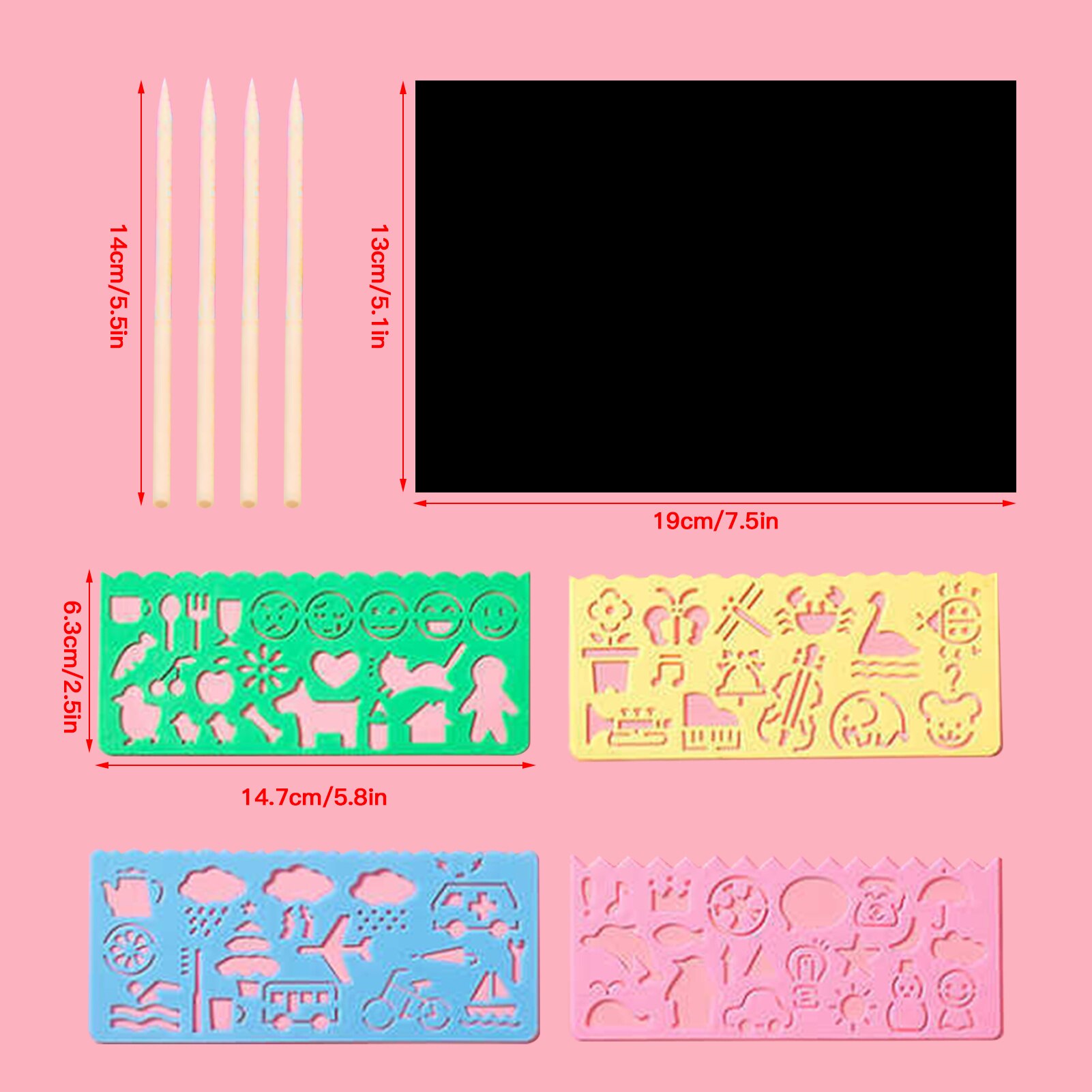 Scratch Papier Artset Rainbow Magic Scratch Papier 50 Stuks Zwarte Kras Het Off Ambachten Kits Boards 5 Houten Stylus 4 tekening Stencils