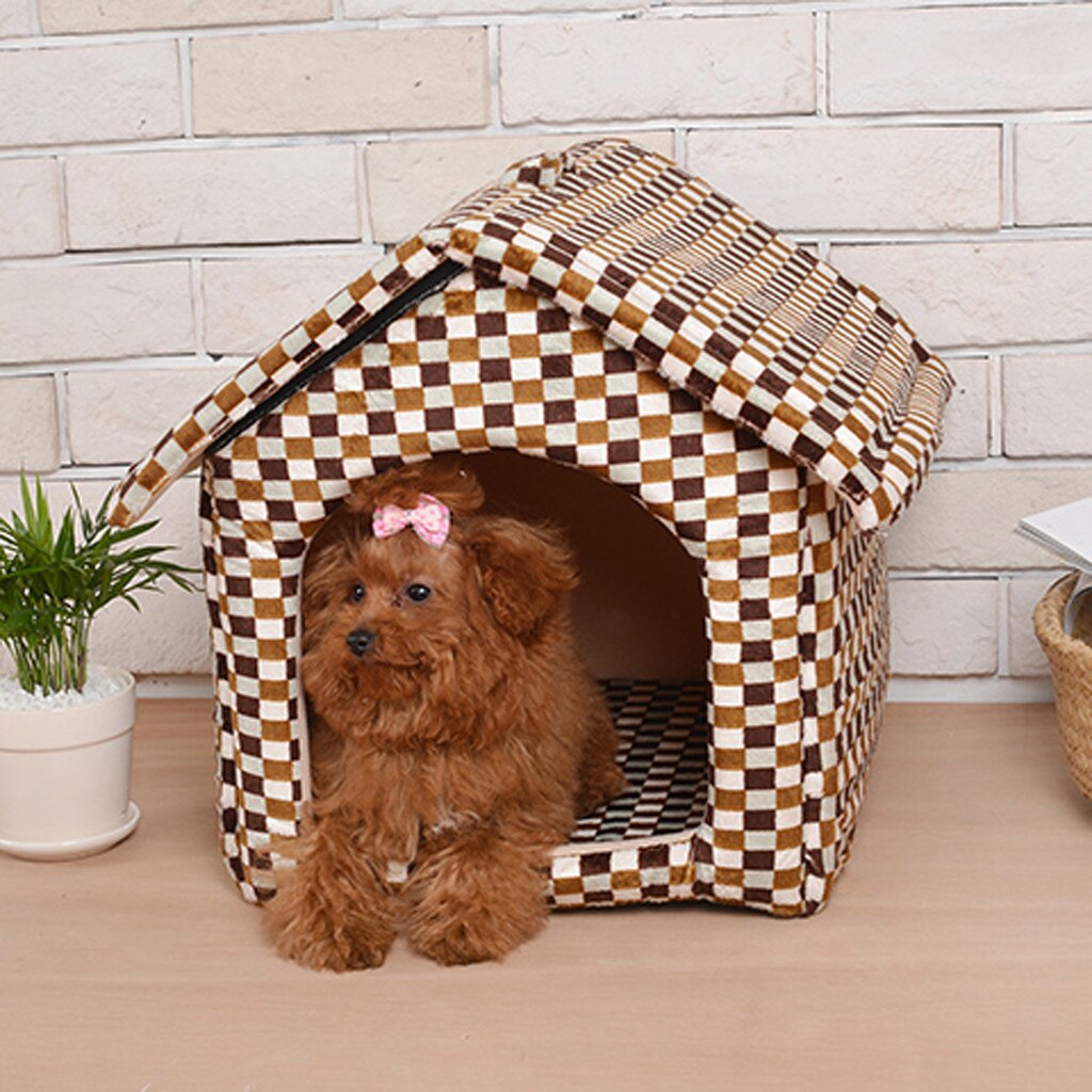 Kæledyr hundeseng foldbar hund hus kat kashmir hus trykning holde varm seng pude rejser kæledyr hus kennel hvalpemåtte kæledyr forsyninger: Khaki / S  27 x 32 x 32cm