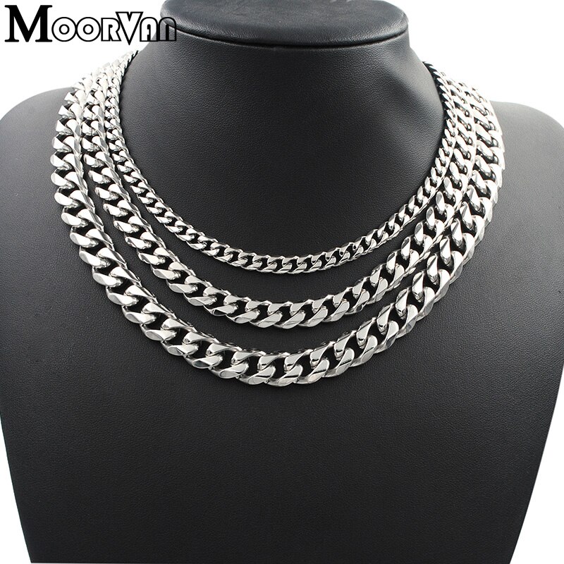 Moorvan 7mm/10mm/13mm men&#39;s necklace six flat curb buban stainless steel chain jewelry for party cool punk man jewelry