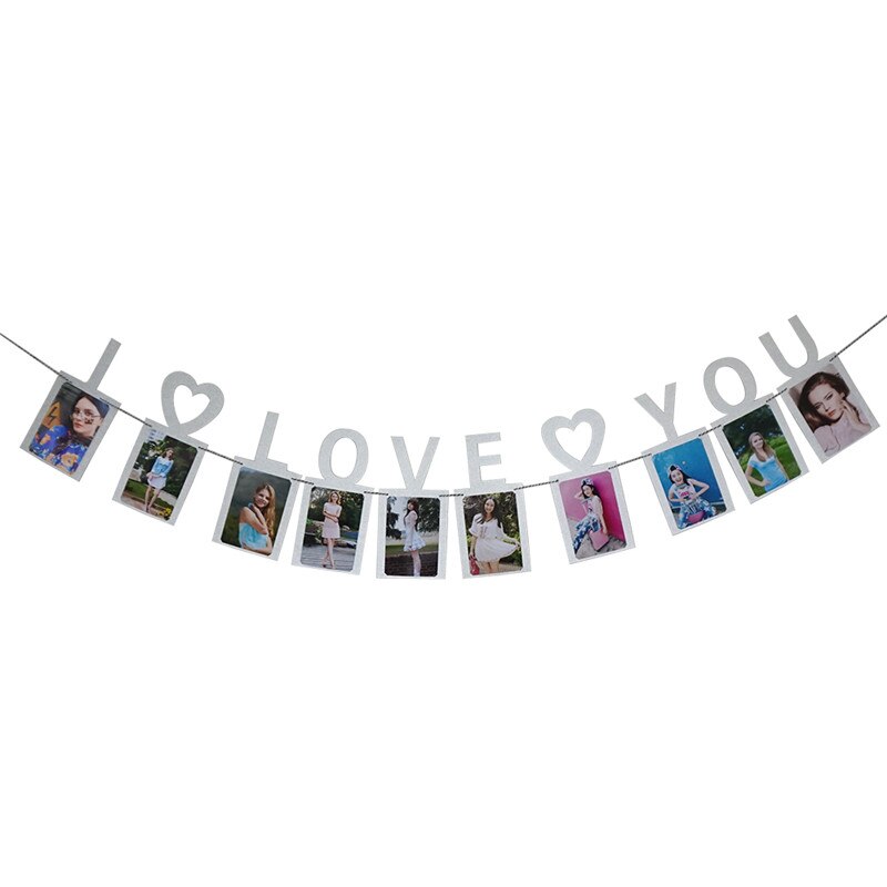 I LOVE YOU Photo Banner Heart Garland Banner for Valentines Day Wedding Engagement and Party Decoration Supplies: Silver