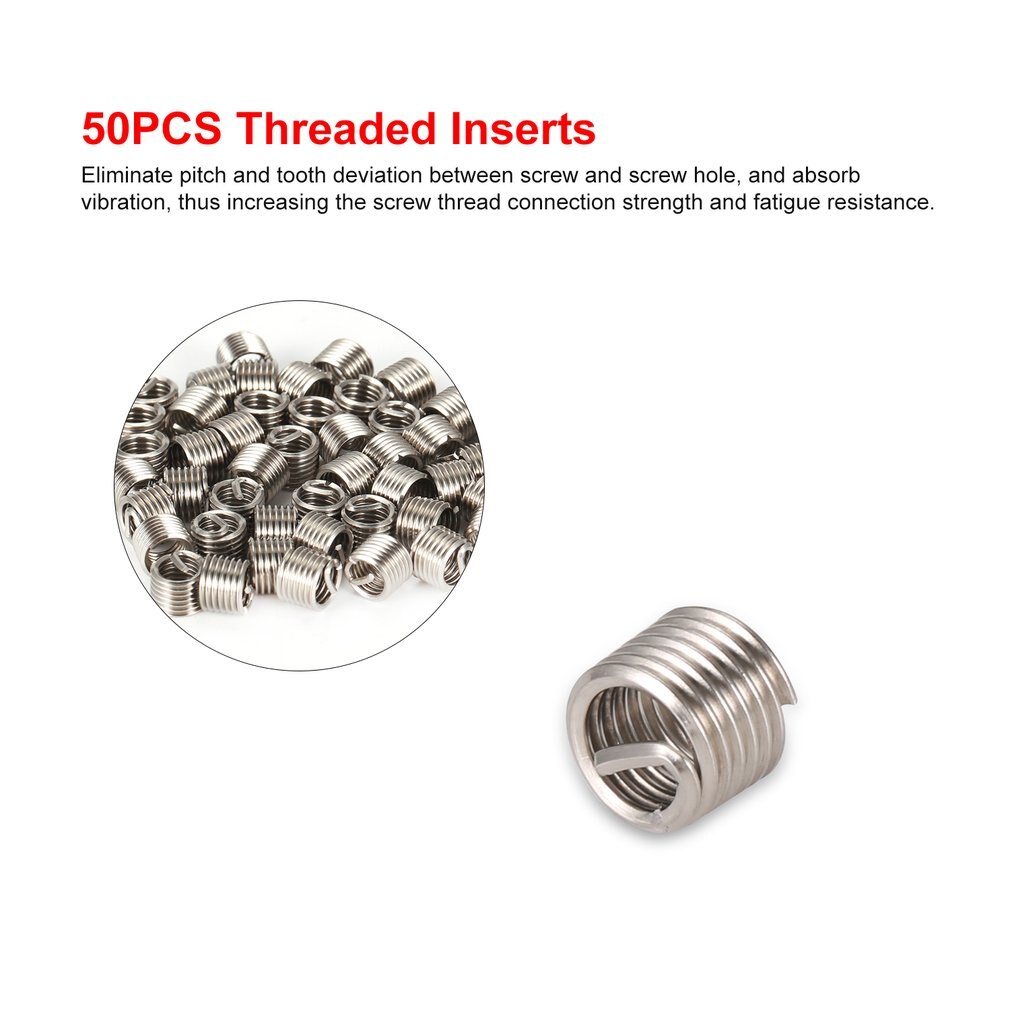 50PCS Threaded Inserts M6 1.0 1.5D Stainless Steel Wire Helicoil Fasteners Hardware Repair Tools Screw Sleeve Set
