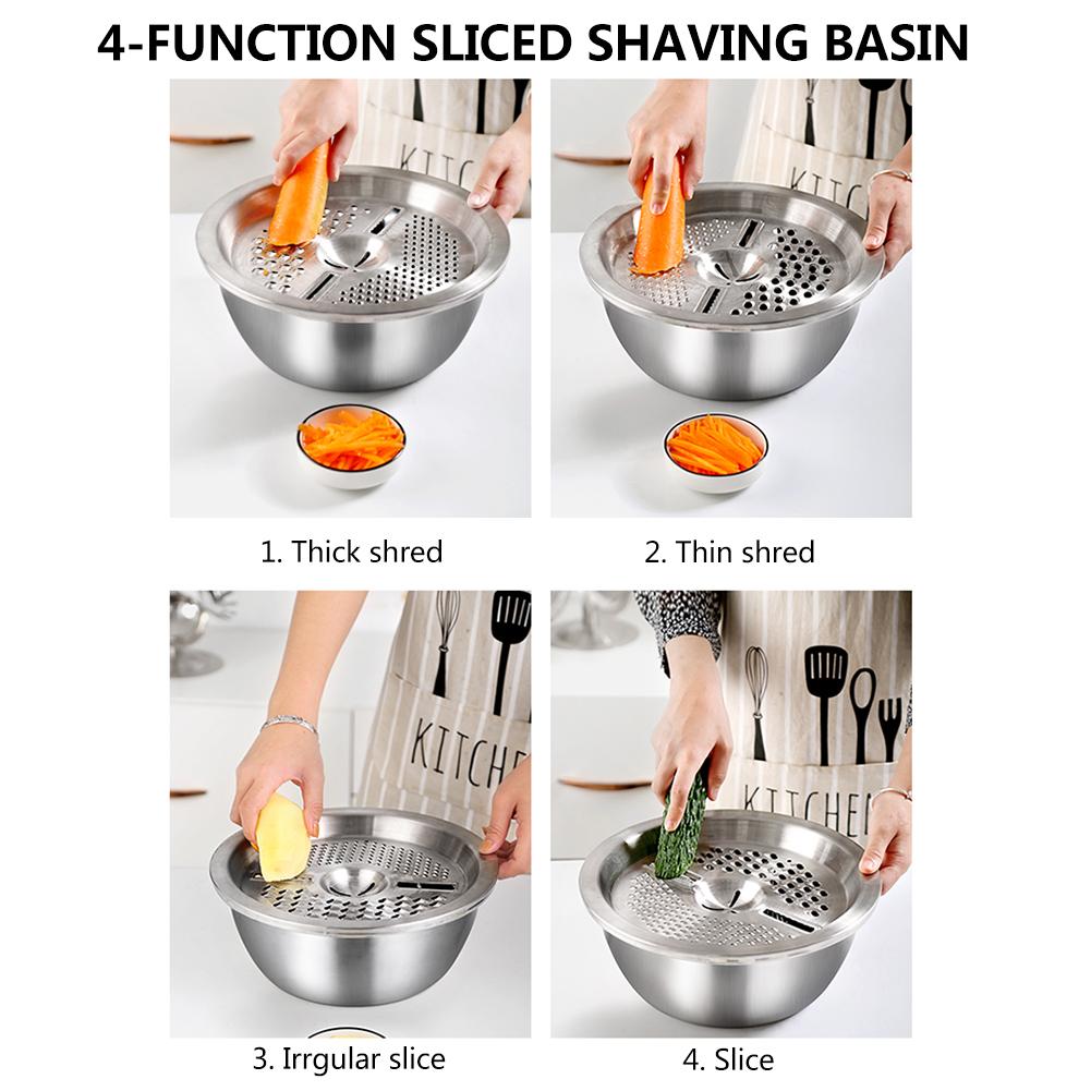 3 Pcs Set Stainless Steel Soup Pot Vegetable Slicer Drain Basket Cheese Grater Rice Washing Filter Kitchen Tool Strainer Basin