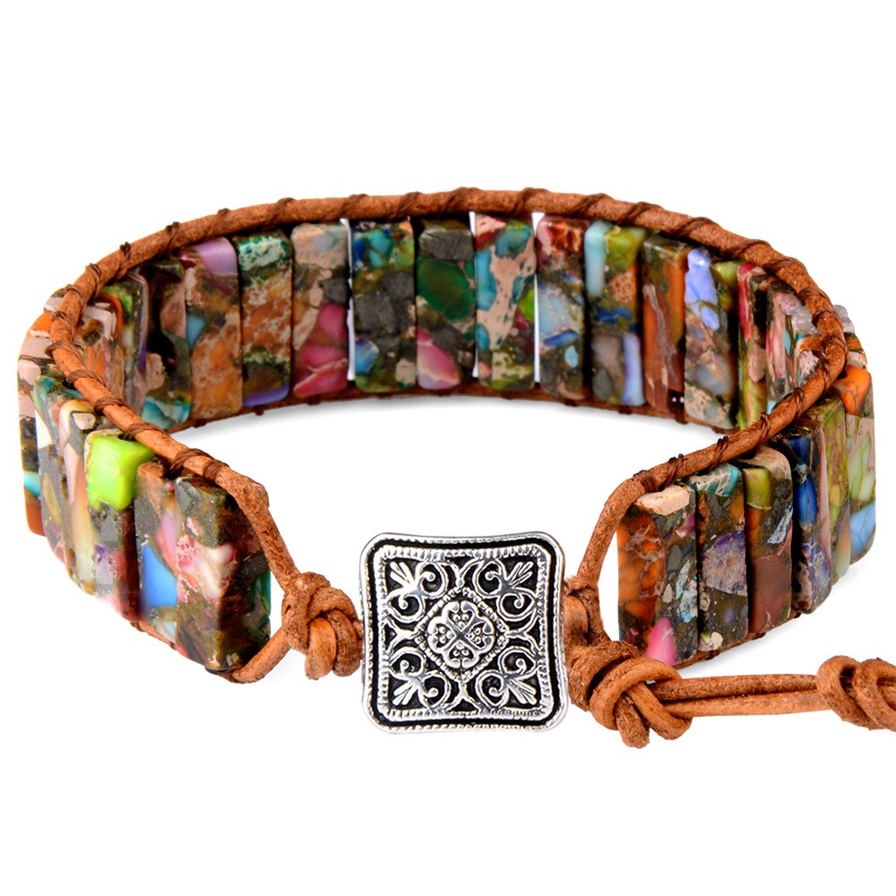 Chanfar – Bracelet en cuir de gemme naturel multicolore, Style tibétain gitane perlé réglable pour hommes et femmes: Multicolor 2